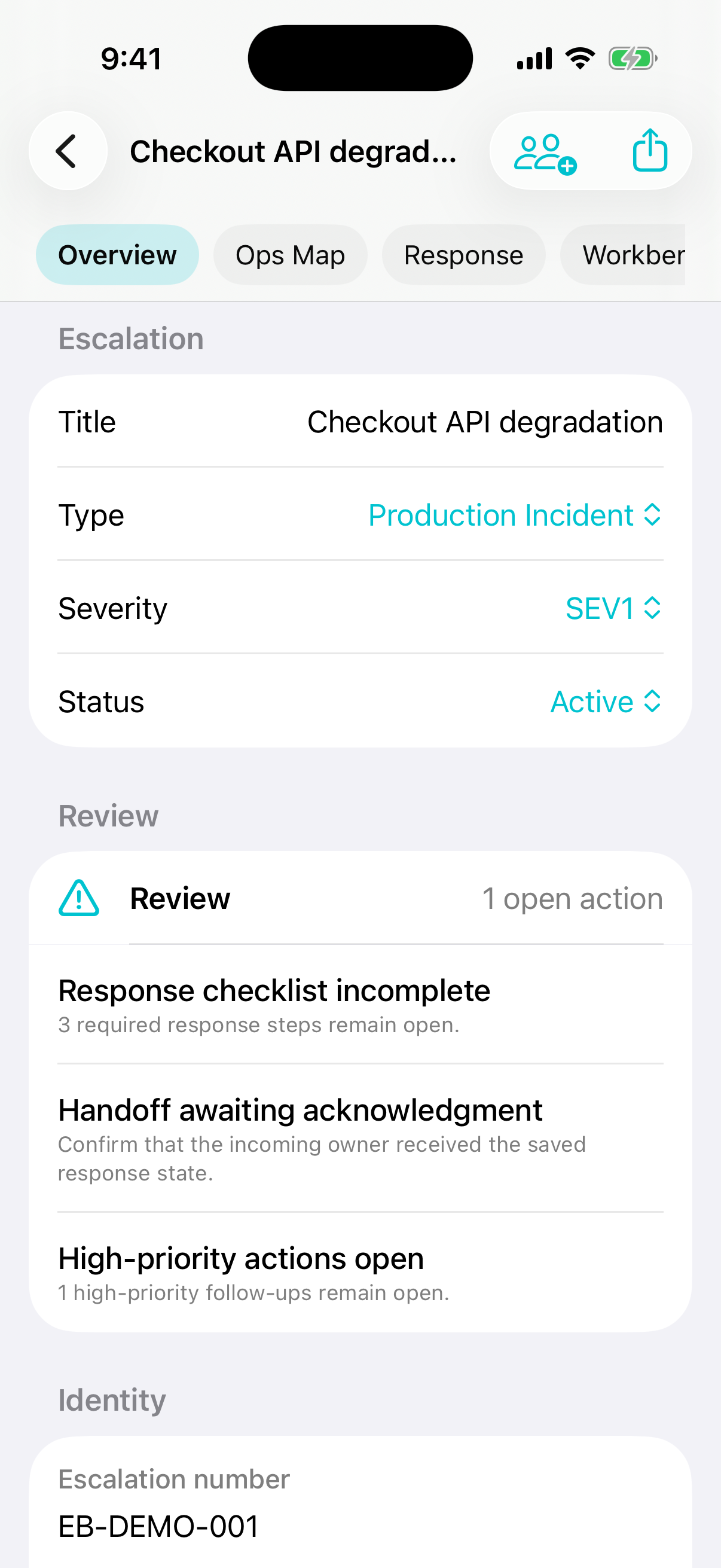 Escalation Binder overview on iPhone.